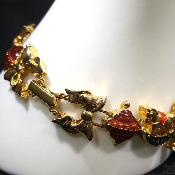 Vintage Christmas Charm Bracelet, Two Chain Slider, 1960s Jewelry - Picture 3 of 10